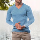 Spring Casual Mens Slim Fit V Neck T-shirts Fashion Solid Color Knitted Ribbed T Shirt Men Leisure Long Sleeve Knit Pullovers