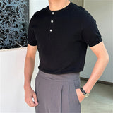 New Men Luxury Henry Collar T-Shirt Leisure Slim Button-down Solid Color Short Sleeve Tops Italian Style Summer Breathable Tees