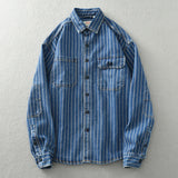 Heavy vintage washed vertical stripe denim shirt men's loose size cotton long sleeve shirt jacket
