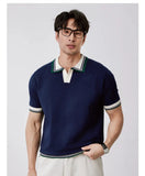 New Japanese Trendy Men Polo Shirt Light Luxury Slim-fit V Neck T-shirt Leisure Patchwork Short Sleeve Tops Retro Knitwear M-3XL