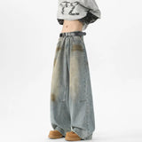 Men Baggy Wide Leg Jeans Washed High Street Fashion  Trendy Casual Streetwear Oversized Fit Light Blue Vintage Wash Trousers