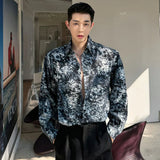 Male Shirt New Chinese Style Ink Painting Printing Turn-down Collar Contrast Color Men's Long Sleeve Shirts Casual