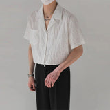 New Trend Men Cardigan Tops Textured Suit Collar Short Sleeve Shirts Leisure Jacquard Shirts for Man Luxury Style Premium Blouse