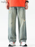 Wide Leg Jeans Men Hole Japanese Style Washed Loose Ankle Length Spring Bleached Ripped High Waist Youthful Vitality Stylish