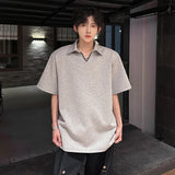 Stitched Men's Tees Shoulder Pad Design Summer Short Sleeve Turn-down Collar Solid Color Korean Style Male T-shirts