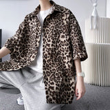 Brown/Gray Leopard Printed Shirt Men Loose Breathable Men's Shirts Summer Male Shirt High Street Casual Short Sleeve Tops