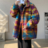 Patchwork Color Striped Iambskin Jackets Men's Women's Casual Harajuku Winter Thick Warm Coats Couples Hip Hop Streetwear