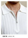 Zipper Knitted Short-sleeved Polo Shirt Men Summer American Retro Commuting Loose Vertical Striped Pit Strip Lapel T-shirt Men