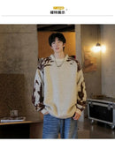 Korean street style men and women trendy personality contrasting color round neck sweater couple winter loose casual knitted top