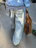 Trendy hip-hop American straight leg loose curved knife washed denim jeans for men and women personalized retro wide leg pants