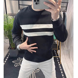 Men's Clothing Trendy Striped Simple Casual All Match Sweatshirt Y2K Autumn Round Neck Long Sleeve Loose Cotton Pullover Hoodie