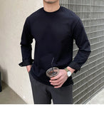 New Autumn Fashion Men T-shirt Light Luxury Solid Color Long Sleeve Tops Leisure Streetwear Casual O Neck Basic Shirts M-3XL