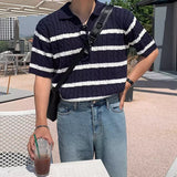 Summer Stylish Short Sleeve Mens Polo Shirt Casual Turn-down Collar Knitting Tops For Men Vintage Slim Fit Striped T Shirts