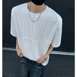 Men Pleated Chic T Shirt Solid Color O-neck Short Sleeve Casual Tshirt Men Clothing Streetwear 2025 Summer Fashion Camisetas