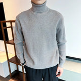 New Korean Retro Men Basic Sweater Luxury Knit Solid Color Turtleneck Long Sleeve Pullover Casual Textured High Quality Knitwear