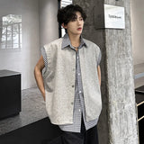 Niche Design Men's T-shirts Lapel Half Sleeve Fake Two-piece Single Breasted Plaid Patchwork Summer Loose Male Tops