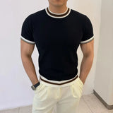Men's Clothing Fashion Patchwork Tops Luxury High Quality Knit O Neck Short-sleeved T-shirt Leisure Popular Retro Slim Knitwear