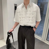 Men's Clothing Summer New Short Sleeve Stand Collar Cross Organization Solid Color Spliced Button Loose Hong Kong Breeze Shirt