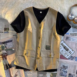 Summer Workwear Vest Men Hong Kong Style High Street Outfit Casual Hip-hop Waistcoat Versatile Loose Sleeveless Jacket