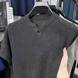 New Men Luxury Chinese O Collar T-Shirt Leisure Slim Button-down Solid Color Short Sleeve Tops Summer Breathable Basic Knitwear