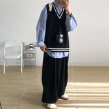 Panelled Sweater Vest Men Casual Knitted Soft All-match Baggy Harajuku Stretchy Handsome V-neck Slouchy Japanese Style Свитер