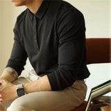 New American Retro Men Polo Shirt Light Luxury Solid Color Slim-fit Commuting Long Sleeve T-shirt Leisure Business Pullover Tops