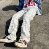 Spring New White Striped Tassel Straight Jeans Men Y2k Street Ripped Hip-hop Loose Casual Denim Trousers