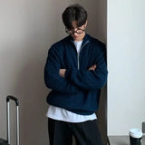 Man Clothes Solid Color Zip-up Knitted Sweaters For Men Black Zipper Plain Pullovers Stylish Casual Winter Fun Neck A