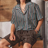New Japanese Chic Men Shirts Light Luxury Striped Cuban Collar Half Sleeve Cardigan Summer Trendy Leisure Breathable Tops M-3XL