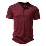 Men's Henry Collar Cotton Short Sleeve T-shirt Casual Solid PoIo Shirt Male Cozy Tees Slim Fit Dailywear Button Up Basic Tops