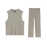 Fashion Solid Two Piece Suits Men‘s O-Neck Sleeveless Tops And Pants Outfits Men Summer New Casual Simplicity Solid Rib Sets