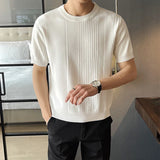 Summer Casual Mens Short Sleeve T-shirts Stretch Slim Fit Crew Neck Pullover Top For Men Fashion Ribbed Solid Color T Shirt
