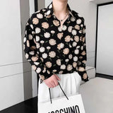 Summer Long Sleeved Shirt Men Fashion Society Mens Dress Shirt Korean Ice Silk Casual Shirt Mens Floral Shirts M-2XL