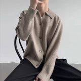 New Korean Fashion Men Cardigan Jacket Light Luxury Knitted Polo Neck Long Sleeve Sweater Coat Casual Retro Solid Color Knitwear