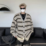 Striped Cardigan Men Winter Chic Knitwear Slouchy Baggy Japanese Style Harajuku Long Sleeve High Street Hip Hop Fashion College