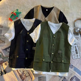 Summer Workwear Vest Men Hong Kong Style High Street Outfit Casual Hip-hop Waistcoat Versatile Loose Sleeveless Jacket