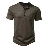 Men's Henry Collar Cotton Short Sleeve T-shirt Casual Solid PoIo Shirt Male Cozy Tees Slim Fit Dailywear Button Up Basic Tops