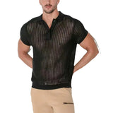 Summer Mens Hollow Out Knit Polo Shirts Sexy See Through Short Sleeve V-lapel Tops Fashion Mesh Loose Casual T-shirt Streetwear