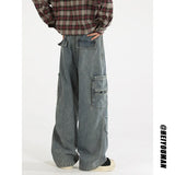 Loose straight Jeans Men Denim Cargo Pants Wash Solid Color Multi Pockets Casual Mid Waist Trousers Unisex Daily Wear Joggers
