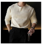 New Korean Fashion Men T-shirt Luxury Knitted Solid Color O Neck Long Sleeve Tees Casual Premium Quality Textured Knitwear M-3XL