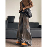 Men Straight Loose Vintage Rust Color Distressed Denim Pants Streetwear Casual  Baggy Trousers Trendy Hip Hop Floor Length Jeans
