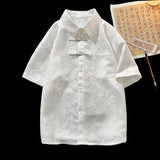 Summer Short-sleeved Shirt Men's New Chinese Men's National Trend Shirt Loose Large Size Metal Button Couple's Top Aesthetic