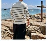 American Chic Striped Men Polo Sweater Luxury Trendy Business V Neck Knit Solid Color Pullover Leisure Slim Long Sleeve Knitwear