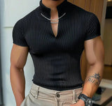 Men's T Shirt Knitted Solid Color V Neck Short Sleeve Summer Men Clothing Streetwear Fashion Casual Tee Tops S-5XL