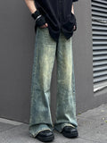 Wide Leg Jeans Men Loose Full Length Mid Waist Bleached Washed Teenagers European Style Retro Harajuku Prevalent Minimalist Chic