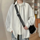 White Long Sleeved Shirt Men Fashion Black Casual Shirt Men Streetwear Korean Loose Pleated Shirt Mens Ice Silk Shirts M-3XL