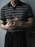 Vintage Striped Knit Polo Shirts Men Short Sleeve Casual Tops Spring Summer Mens Fashion Buttoned Turn-down Collar Slim T Shirt
