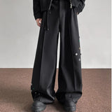 Fashion Black Casual Pants Men Buttons Design High Street Hip-hop Wide Leg Mopping Trousers All-match Casual Korean Style