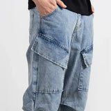 Cyber Y2K Stresswear Washed Blue Pleated Baggy New Jeans Cargo Pants For Men Designer Clothes Multi Pockets Denim Trousers