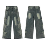 Ropa Y2K Streetwear Star Patch Embroidery Baggy Stacked Jeans Pants For Men Clothes Wide Leg Old Straight Denim Trousers